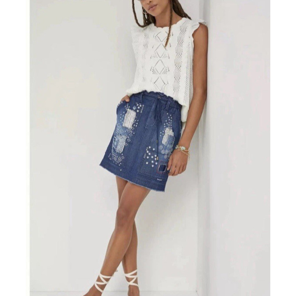 PILCRO LETTERPRESS Size XS Blue Denim Embroidered Patchwork Mini Skirt Pockets